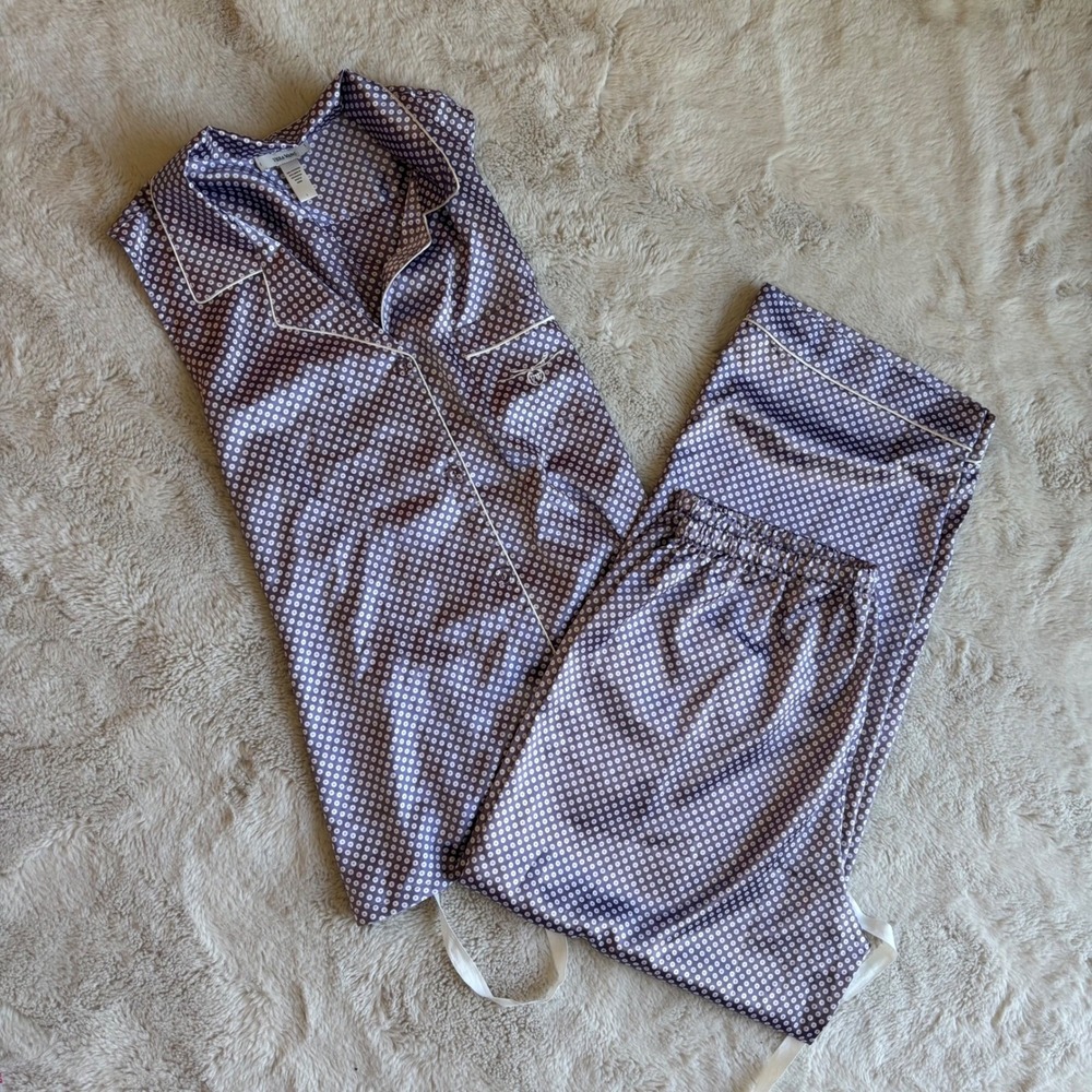 Vera Wang Womens Bow Purple Polka Dot Satin‎ Pajama Set 2 Pc Size L Sleeveless